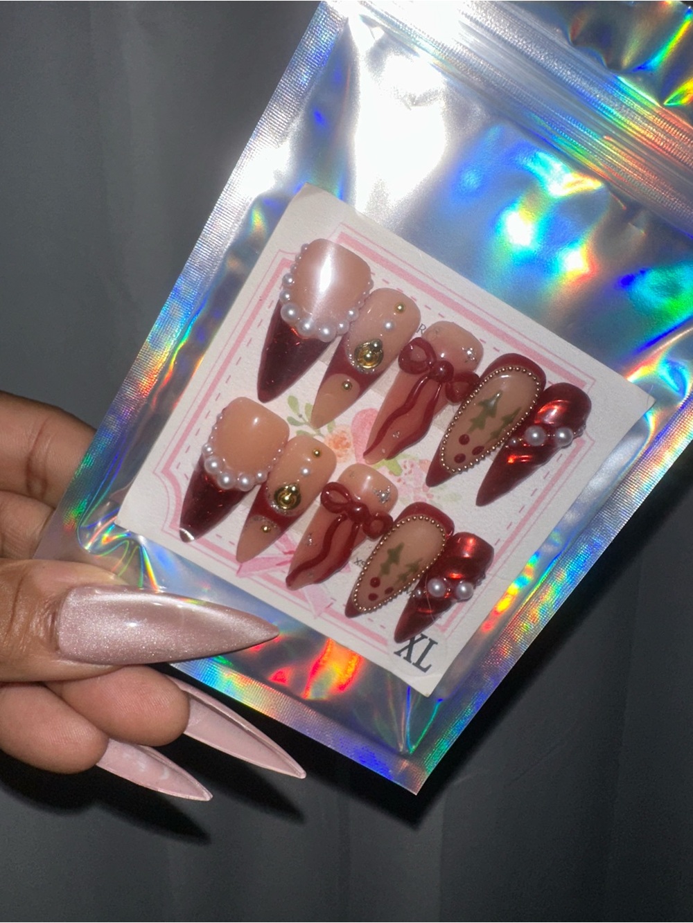 Festive Red & Nude Stiletto Press-On Nails with Pearls and Bows